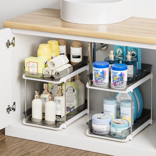 Image of Delamu 2-Tier Multi-Purpose Bathroom Under Sink Organizers and Storage, Stackable Kitchen Pantry Organization, Pull Out Medicine Cabinet Organizer with Movable Dividers, Black, 2 Pack