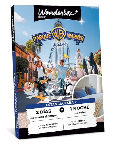 WONDERBOX Connect - Caja Regalo - Warner Parque Estancia - 2 entradas para 2 días - 1 Noche en un Hotel Cerca del Parque para 2 - Válido Durante 27 Meses