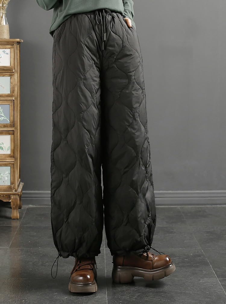 chouyatou Women's Winter Drawstring Elastic Waist Snow Ski Down Alternative Capri Pants with Pockets (X-Small, Black)