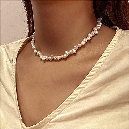 Natural Freshwater 5-10mm Baroque Pearsl Choker Necklace for Women White Pearl Beaded Necklace Strand Elegant Summer Layering Jewelry for Wedding Bride Bridesmaids Gift 16" Princess Length3