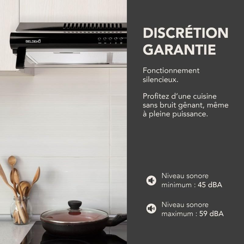 BELDEKO Hotte Casquette 60 cm Noir 240 m3/h + 2 Filtres - Marque Française