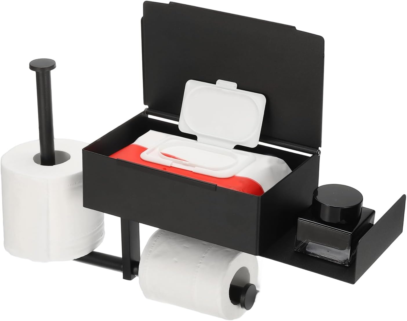 uxcell Toilet Paper Holder with Storage, 304 Stainless Steel Adhesive Wall Mounted Toilet Roll Holder with Extension Shelf for 2 Rolls, Wipes Dispenser for Bathroom Organizer(Silver)