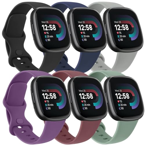 6 PACK Bands Compatible with Fitbit Versa 4 / Versa 3 / Fitbit Sense 2 / Sense Bands for Women Men Soft Sport Wristbands Replacement Smart Watch Straps (6PACK A Small)