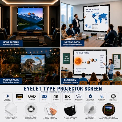 Image of Eyelet Projector Screen 4Ft x 4Ft 1:1 Aspect Ratio 1.2 Gain Matte White Full HD 1080P UHD 3D 4K & 8K Compatible for Office Classroom Home Theater & Outdoor