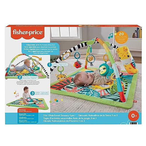 Fisher Price Tapis de jeu 3 en 1 sur le thème de la jungle pour jouer sur le ventre avec 6 jouets sensoriels lumineux et sonores et arche ajustable Jouet Éveil Dès HJW08 - vue 6
