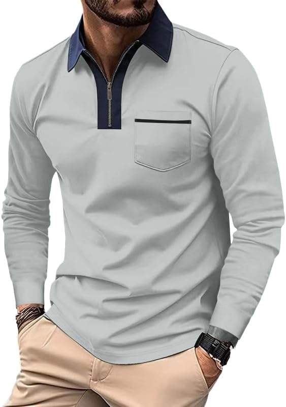Men's Long Sleeve Polo Shirt Casual Zip Polo Shirt Classic Collared Golf Shirt with Pocket