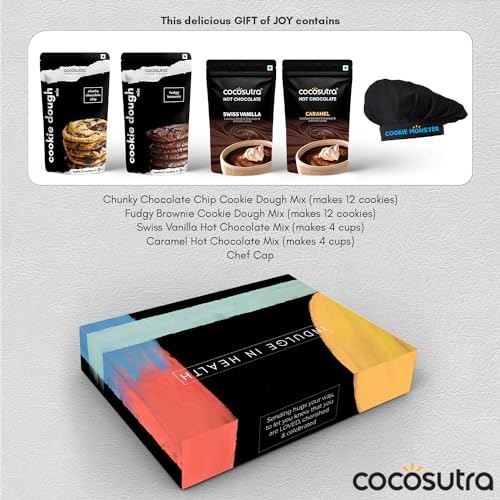 Image of COCOSUTRA Gourmet Treats Hamper | Cookie Dough Mix & Hot Chocolate with Chef Cap & Candy Cane | Premium Celebration Box | Pack of 4-670 g