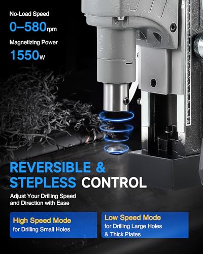 Image of ZELCAN Mag Drill Press, 1550W Portable Magnetic Drill Press with 2 inch Boring Diameter, 0-580 rpm Stepless Speed & Reversible Direction, 2922 lbf Mag Force Electric Drilling Machine for Metal Surface