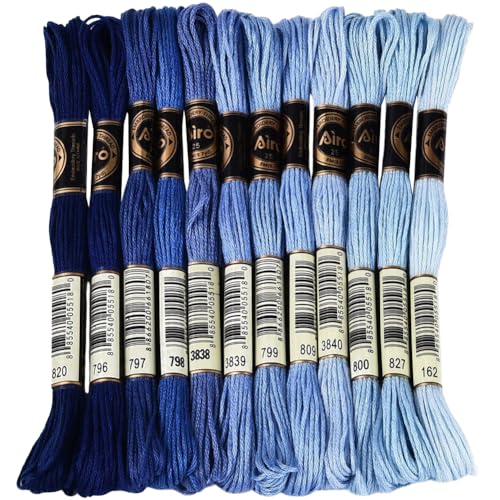 Image of 105 Yards 12 Skeins Gradient 6 Strands Marine Blue Cross Stitch Thread Polyester Variegated Embroidery Floss Friendship Bracelet String Assorted Bulk for Hand Sewing Making Knitting Supply