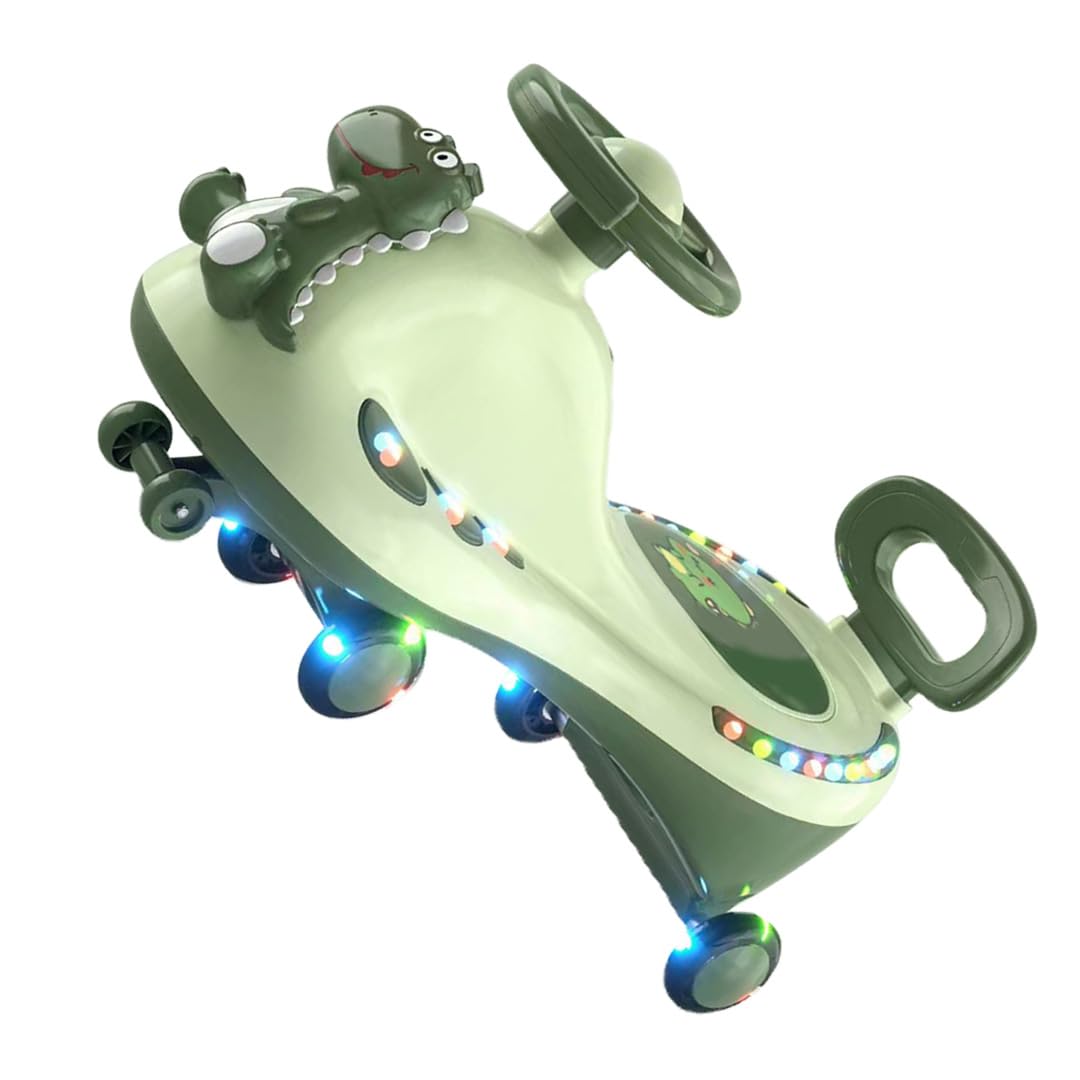 Dla Dzieci Plastikowy Samochodzik Wiggle Car z Wyciszonymi (GREEN) | Uniwersalny Wózek na Kółkach, Style Wózków Spacerowych i Bagażowych, Zasilany 3 Bateriami AA, Opcja Modelu Dinozaura