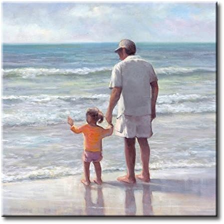 Father and Daughter on the Beach Art Tile Print on Ceramic with Hook or with Feet Indoor Use - Gift for Girls and Fathers