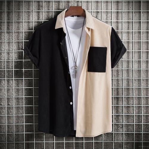 Men's Casual Button Up Shirt Color Blocking Short Sleeve Colorblock Blouse Tops with Pocket3