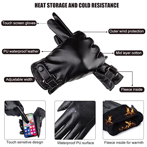 Image of PROBEROS Mens Winter PU Leather Gloves with Fleece Lining, Windproof Waterproof Touchscreen Driving Gloves for Riding, Cycling & Outdoor Wear Warm Stylish Gift for Men (Black)