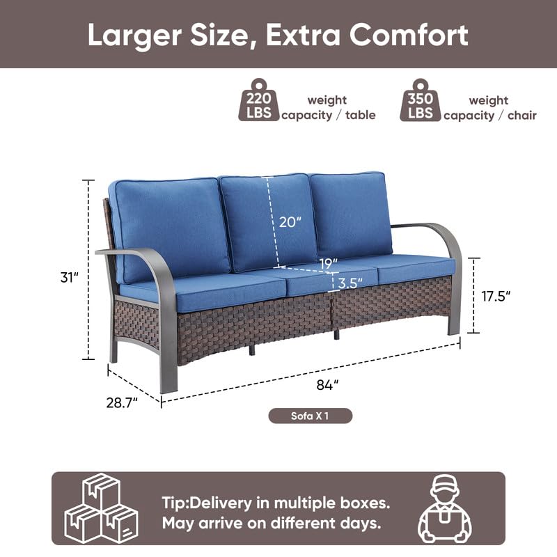 Image of Rilyson 3 Seat Outdoor Wicker Couch, Rattan Patio Sofa with Blue Cushions | Metal Armrest, High Back and Deep Seating, Water-Resistant, Fade-Resistant, Removable Cover, Stain-Resistant