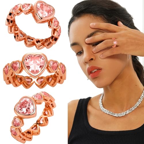 TOPGRILLZ Pink Heart Diamond Rings 14K Gold Plated 5A+ Cubic Zirconia Heart Shape Cute Ring Bling Promise Wedding Band Love Baguette Rings For Women Trendy4