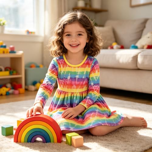 Image of Tkria Toddler Girls Rainbow Dress Striped Fall Dress Cartoon Colourful Long Sleeve Casual Dressy 2-7T