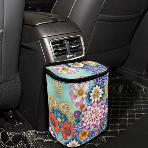 Image of DISNIMO Boho Floral Car Trash Can Easy-to-Install Car Accessory Interior, Leak-Proof Car Garbage Can Bin Organizer Storage Bag for The Back Seat of Any Cars, Sedans, SUVs & Trucks