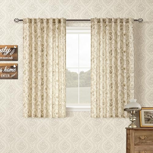 Image of Tan Beige Floral Short Curtains 45 Inch Length for Kitchen 2 Panels Set