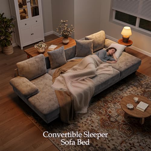 Image of Txtin's Sleeper Sofa with Pull Out Couch Bed | 112 Inch Couches for Living Room | U-Shaped Convertible Sofa Bed | Chenille Light Grey