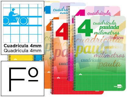 Cuaderno espiral liderpapel folio pautaguia tapa blanda 80h 75 gr cuadro pautado 4mm colores surtidos
