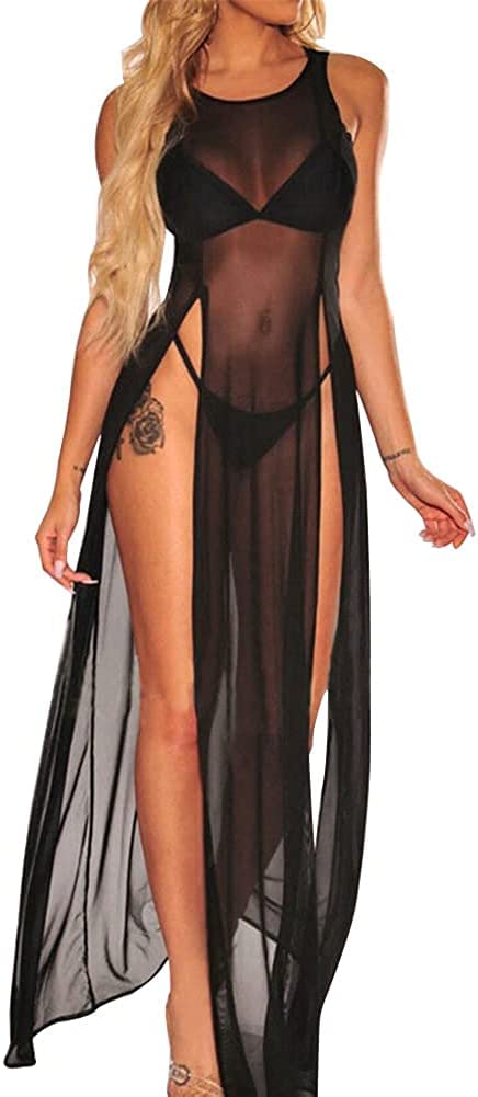 Najiny Vestido Sexy de Malla Transparente con Abertura Alta Vestido Largo para Bikini Cover Up para Cubrir Bikini Tops De Red Prendas De Playa Traje De Baño para Playa Vestido para Mujer