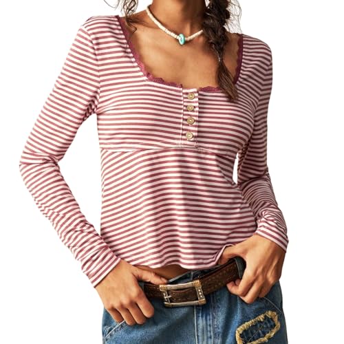 Women Y2k Lace Trim Striped Print Henley Shirt Top Vintage Square Neck Long Sleeve Ruffle Babydoll Tshirt Tops