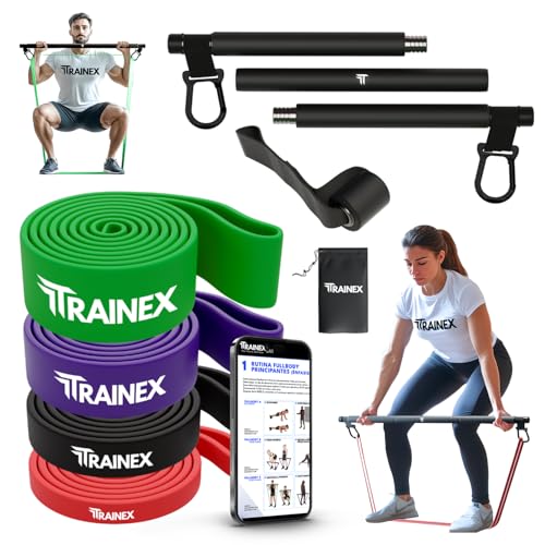 TRAINEX Bandas Elasticas Musculacion. con Barra y Anclaje de Puerta, Kit 4 Niveles de Resistencia,...
