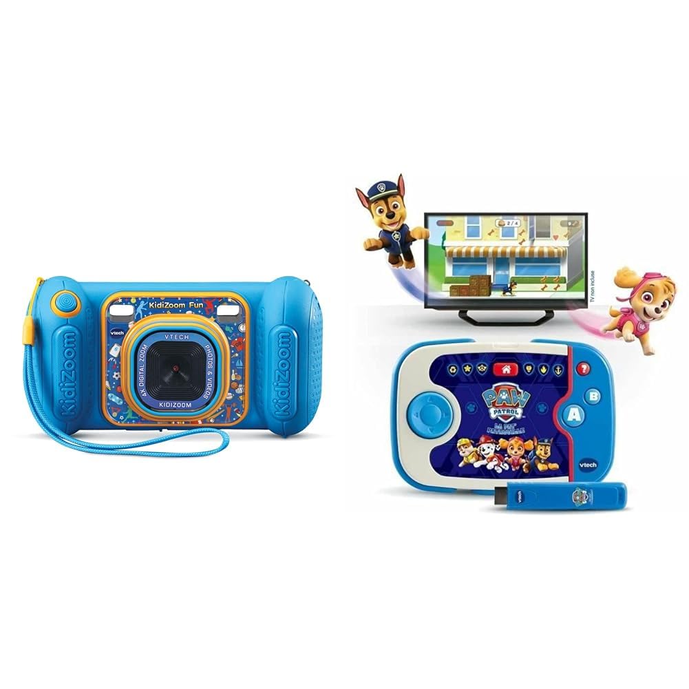 VTech - KidiZoom Fun Bleu, Appareil Photo Numérique Enfant 9 en 1, Photos et Vidéos, Écran Couleur & Pat' Patrouille, ABC Smile TV, Ma Première Console TV Éducative, Console de Jeux