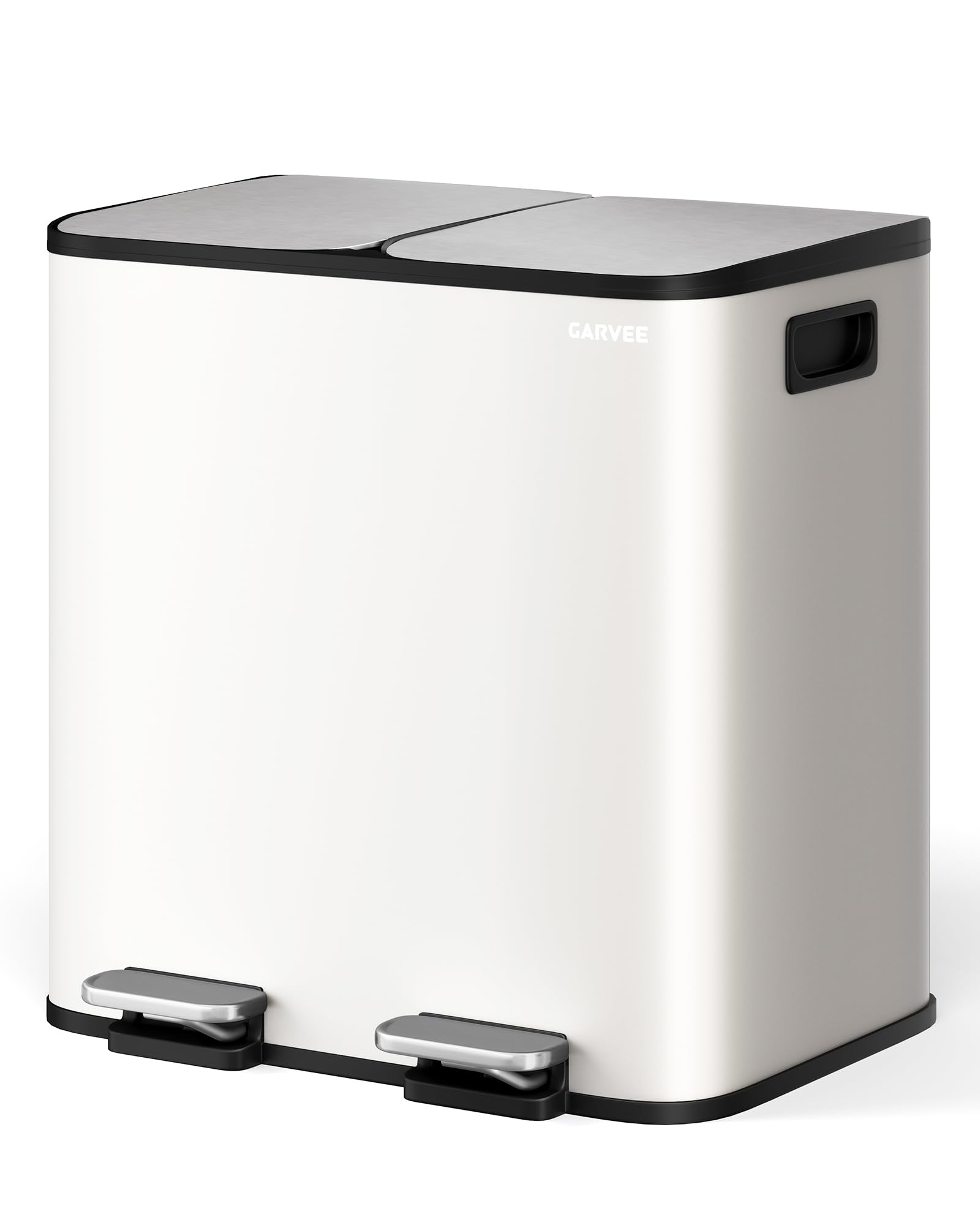 GaveeHome 2 x 15L Kitchen Pedal Bin - Stainless Steel Dual Compartment Recycling Bin, Soft Close Lid, Removable Buckets & Side Handle for Home Use (White, 2 * 15L)