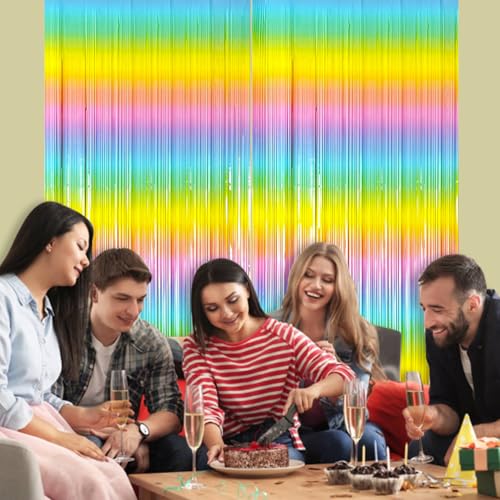 Image of Party Propz Multicolour Fringe Foil Curtains for Birthday Decorations - 2Pcs Pack, 3Ft x 6Ft Each, Rainbow Backdrop for Unicorn Theme Party, Baby Shower, Kids Birthday
