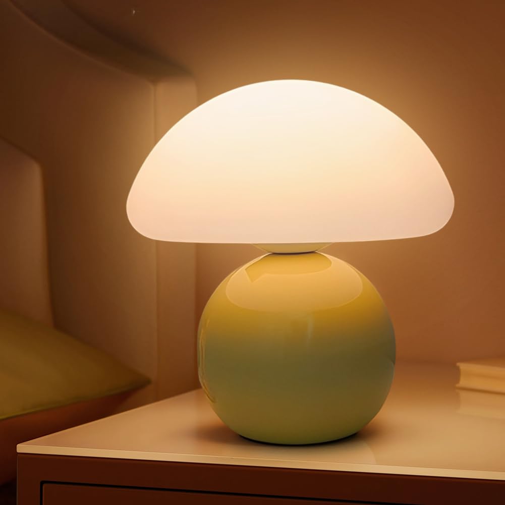 Gelb Pilz lampe LED Pilzlampe Tischlampe, Pilzlampen Tischlampe Dimmbar mit 3 Helligkeitsmodi, Mushroom Lamp aus Keramikkörper und PE-Schirm, Nachttischlampe Pilz Deko Wohnzimmer, Schlafzimmer