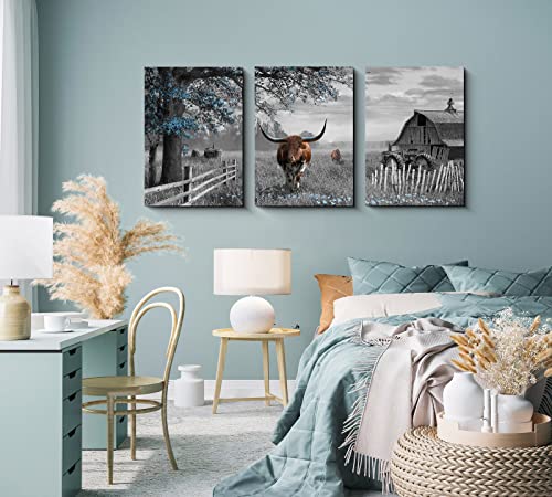 Yiijeah Large Wall Art Brown Cow Wall Decor Blue Tree Pictures Farmhouse Wall Decorations For Living Room Rustic Wall Decor For Master Bedroom Wall Decor Above Bed Wall Decor Wall Art 16X24Inchesx3 #TOP4