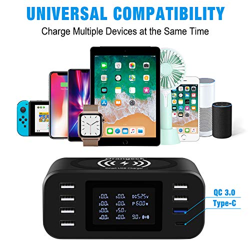Orangeck Stazione di Ricarica con Caricatore Wireless, 8 Porte Base di Ricarica (Una QC 3.0 e Un Type-C) Caricatore USB con LED Schermo USB Charger per iPhone Samsung Huawei Smartphone e Tablet