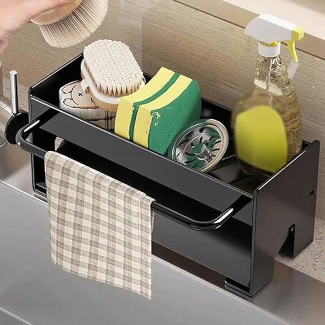 Sponge Holder for Kitchen, Sink Caddy with Auto Draining Tray, Stainless Steel Sponge Caddy Organizer, Soap Dispenser Organizer, Kitchen Utensils Accessories Storage for Countertop (B+wiping rod)