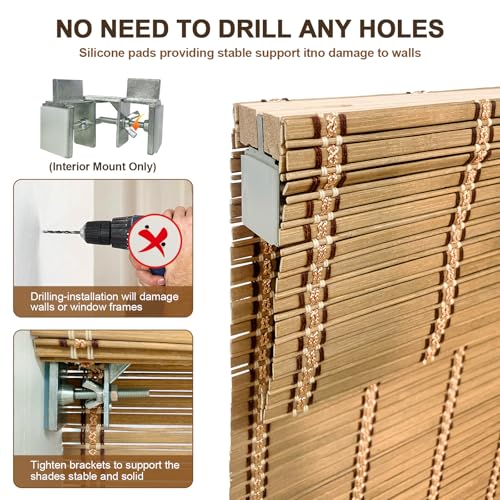 No Drill Custom Cordless Bamboo Blinds, Bamboo Roman Blinds Shades for Indoor Windows, Light Filtering, Easy to Install for Home & Patio