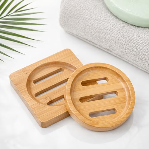 Lot de 2 porte-savon en bambou pour douche, salle de bain (rond et carré)