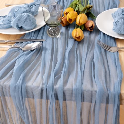 Image of MLMC Dusty Blue Table Runner 10ft Boho Gauze Blue Cheesecloth Table Runner Rustic Cheese Cloth Centerpiece 35x120 Inches for Wedding Bridal Shower Baby Shower Party Decor