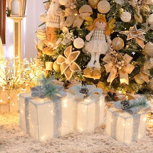 Set of 3 Christmas Lighted Gift Boxes Plug-in 60 Led Light Up Boxes Ornaments for Christmas Decorations Indoor Outdoor Home Yard Xmas Tree Holiday Party Lawn Porch (Silver)