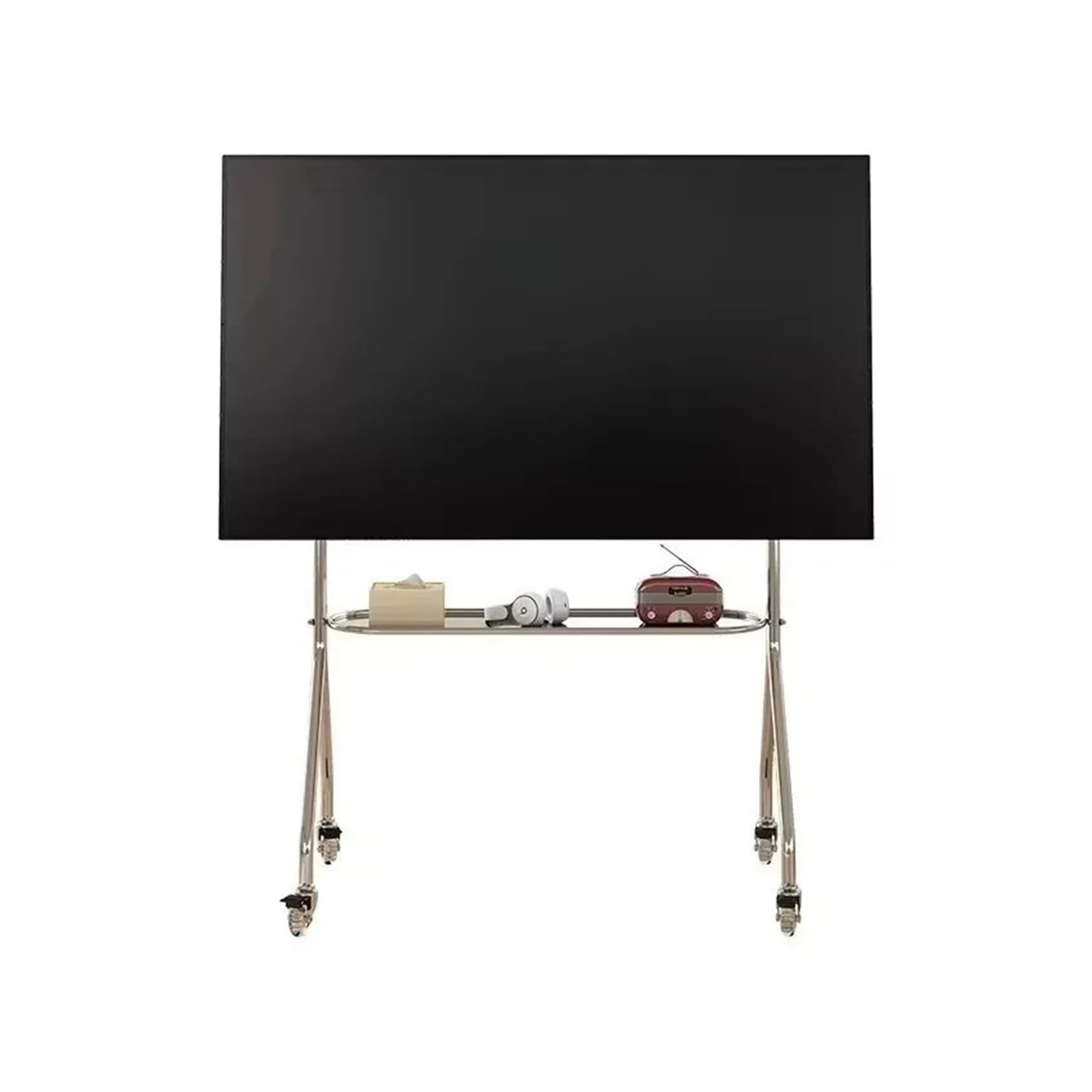 Meuble TV en acier inoxydable étagère de rangement et roulettes pour petit appartement