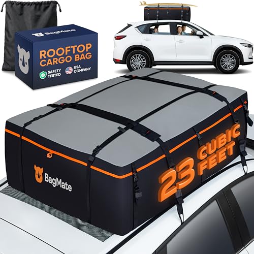 bagmate Military-Grade Waterproof Roof Bag - Rooftop Cargo Carrier – XXL 23 Cubic Feet. with 4 Door Hooks, Zipper/Buckle Closure, Extra Strap – Black Roof Bag for Cars with or Without Rack