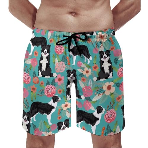Border Collie Florals Mens Swim Trunks Quick Dry Hawaii Bathing Suit Board Shorts with Mesh Lining-