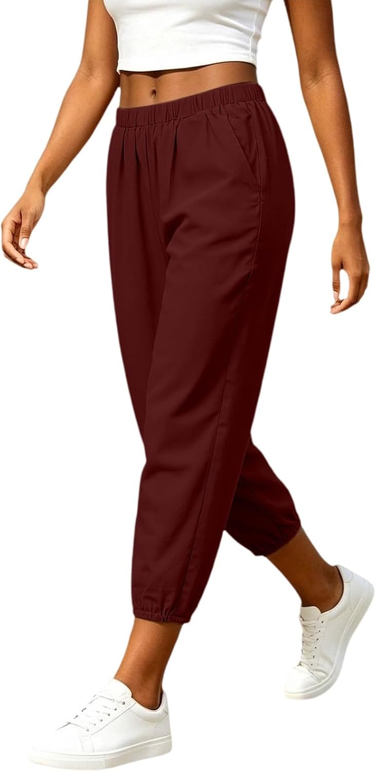 Elastic Waist Lightweight Linen Blend Cropped Joggers, Pocketed Casual Lounge Trousers for Womens Summer Daily Wear