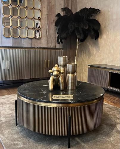 Image of WOODEN SPACE Premium Luxury Nazaara Marble-Top Coffee Table with Iron Legs & PVD Coating | Modern Round Wooden Center Table for Living Room & Entryway