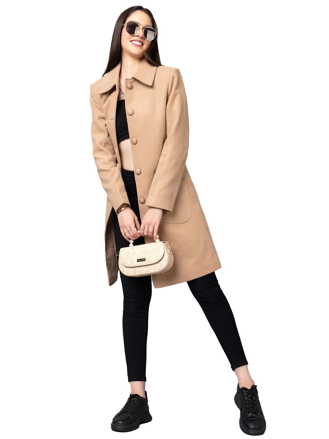 CHKOKKO Polycotton Winter Wear Double Breasted Long Coat for Women CHKOKKO Polycotton Winter Wear Double Breasted Long Coat for Women
