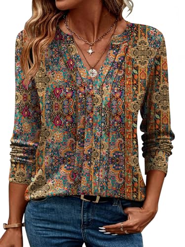 Zeagoo Womens Long Sleeve Tops Henley V Neck Shirts Pleated Blouses Dressy Casual Fall Loose Tunic Tops 2025 Basic Tees