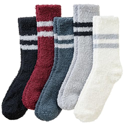 Velice Mens Fuzzy Socks Soft Cozy Fluffy Slipper Winter Thick Warm Plush Fleece Cabin Home Sleeping Socks 5 Pairs