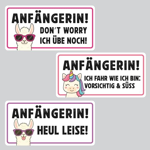 P010 Anfänger Aufkleber 3er Set – Auswahl: Anfänger oder Anfängerin – Lustige Autoaufkleber für Fahranfänger – wetterfest – PrintAttack – je 17x8,5 cm (Variante 1 Anfängerin)