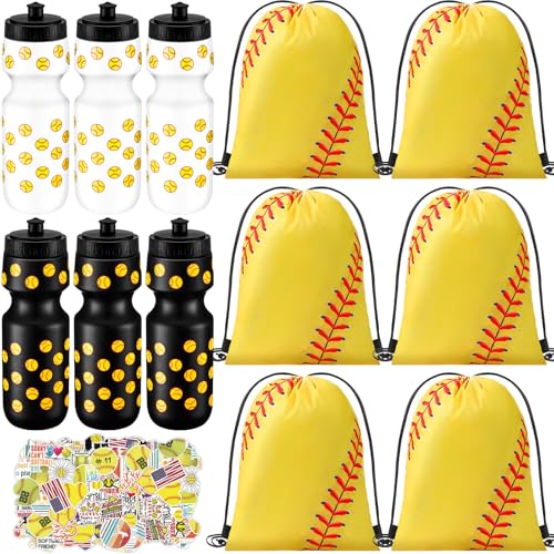 Skybooly 12 Pcs 24 Oz Softball Water Bottle Bulk Drawstring Bag and 50 Sticker Set Include 6 Softball Theme Squeeze Water Bottle 6 Drawstring Backpack for Team Gifts Sport Events Party Favors