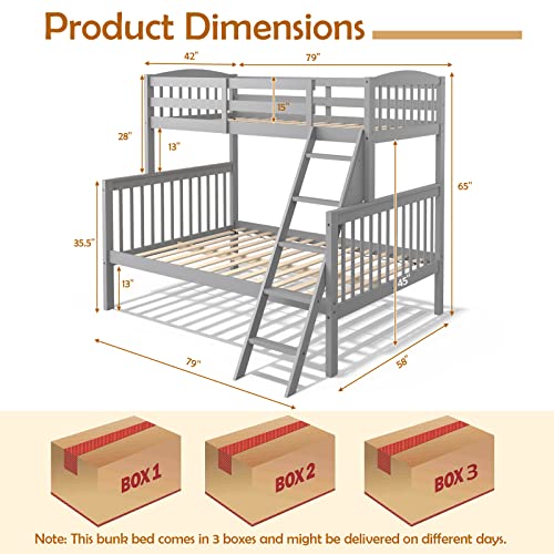 KOTEK Twin Over Full Bunk Bed, Solid Rubber Wood Bunk Bed Frame with
