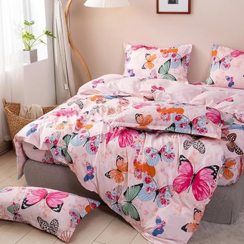 Freyamy Kinder Bettwäsche 100x135cm 2teilig Rosa Bunt Schmetterling Wendebettwäsche Gebürstet Microfaser Weiche Kinderbettwäsche Mädchen Bettbezug mit Reißverschluss und Kissenbezug 40x60cm